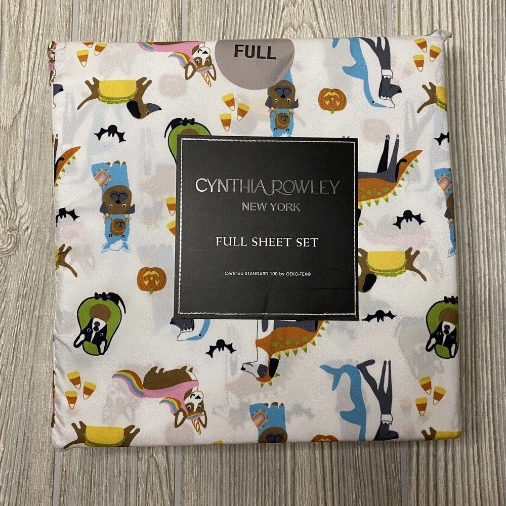 CYNTHIA ROWLEY Halloween Costume Dogs Shark Avocado Pumpkin FULL Sheet Set NEW